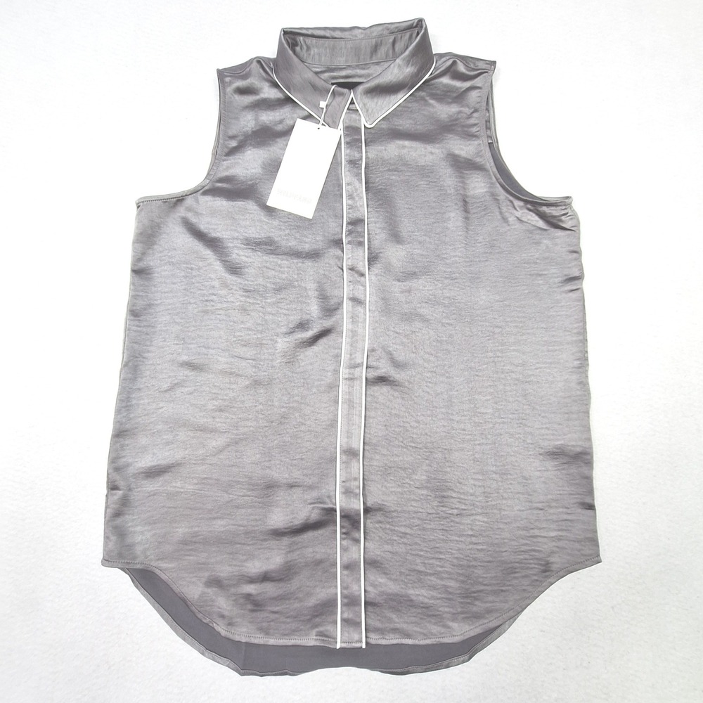 Wildfang Empower Satin Sleeveless Button Up Womens Large Grey Top Piping
